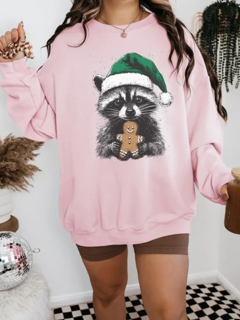 Vintage Pink Raccoon Sweatshirt with Green Santa Hat, Style for Holiday